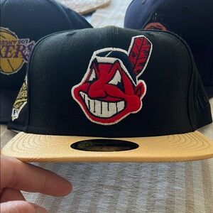 Cleveland Indians hat,  New Era Black Cap with Red Logo and Tan Brim